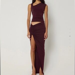 Khy x Atlien - Cherry Red Ruched Maxi Skirt and Asymmetrical Tank (Set)